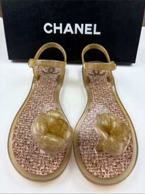 Vintage Authentic Chanel Camellia Jelly Flat Sandals ~ in Gold Glitter